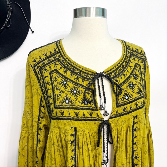 free people | twilight folk embroidered jacket tie-front closure chartreuse s - Picture 3 of 16